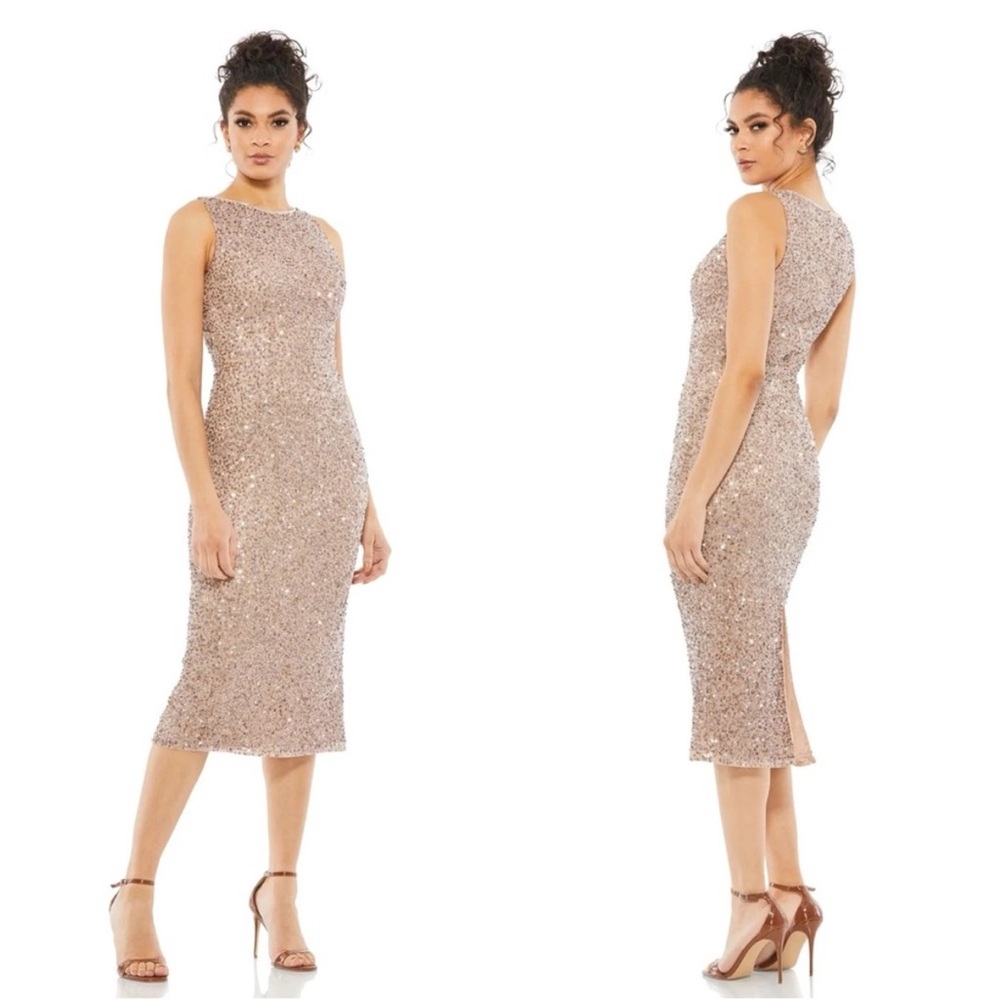 Mac Duggal Sleeveless Sequined Midi Sheath Dress Rose Gold SZ 4 018